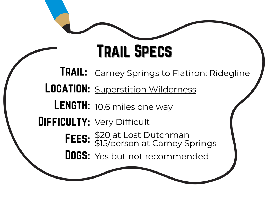 Trail specs: Carney Springs to Flatiron to complete the Ridgeline trail, 10.6 miles one way, need 2 vehicles so one pays $20 at Lost Dutchman, and the other pays $15/person at Carney Springs, dogs are allowed but not recommended